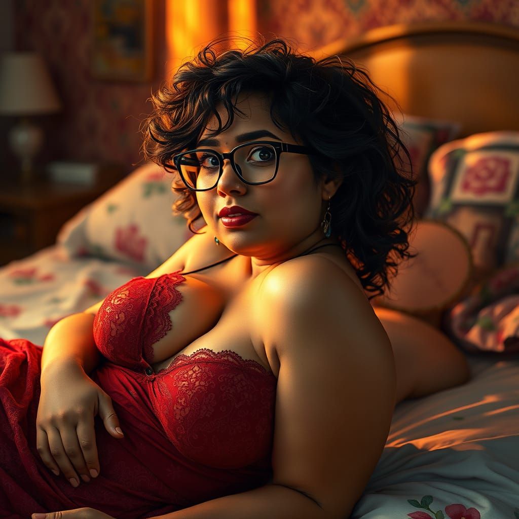 Indian Woman in Red Nighty, Hyperrealistic Art