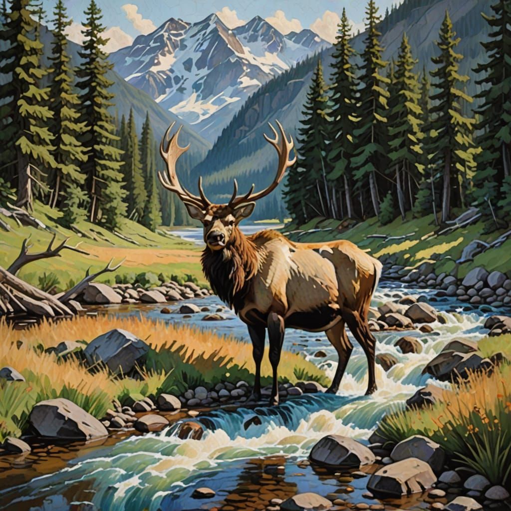 Majestic Elk by Mountain Stream as Impasto Painting