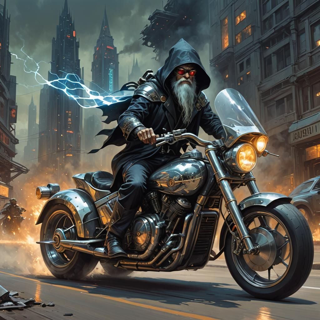 A wizard riding a futuristic motorcycle.