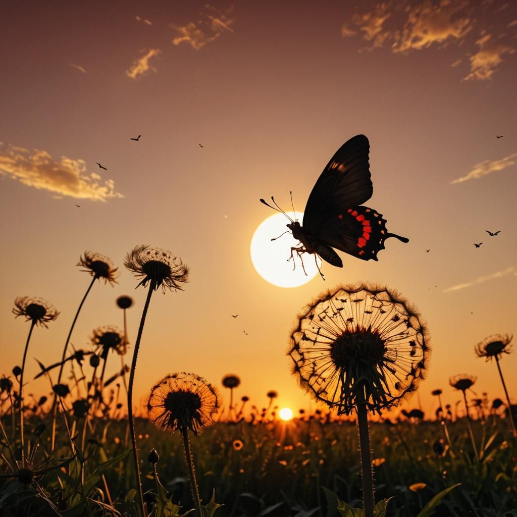 Butterfly and Dandelion Silhouette at Sunset