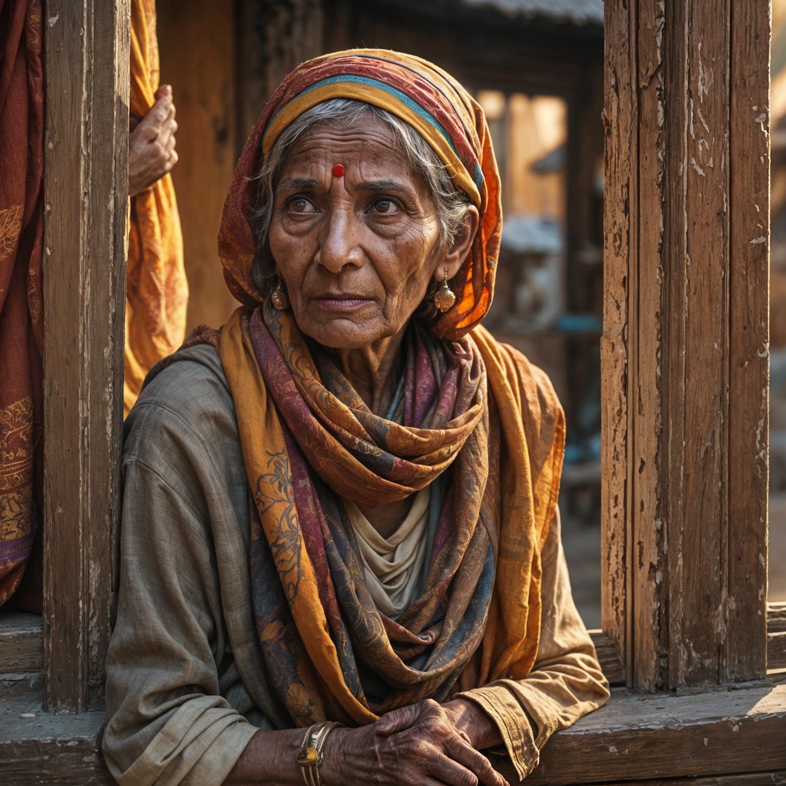 Old Hindu Woman Portrait in Window, Detailed Digital Art