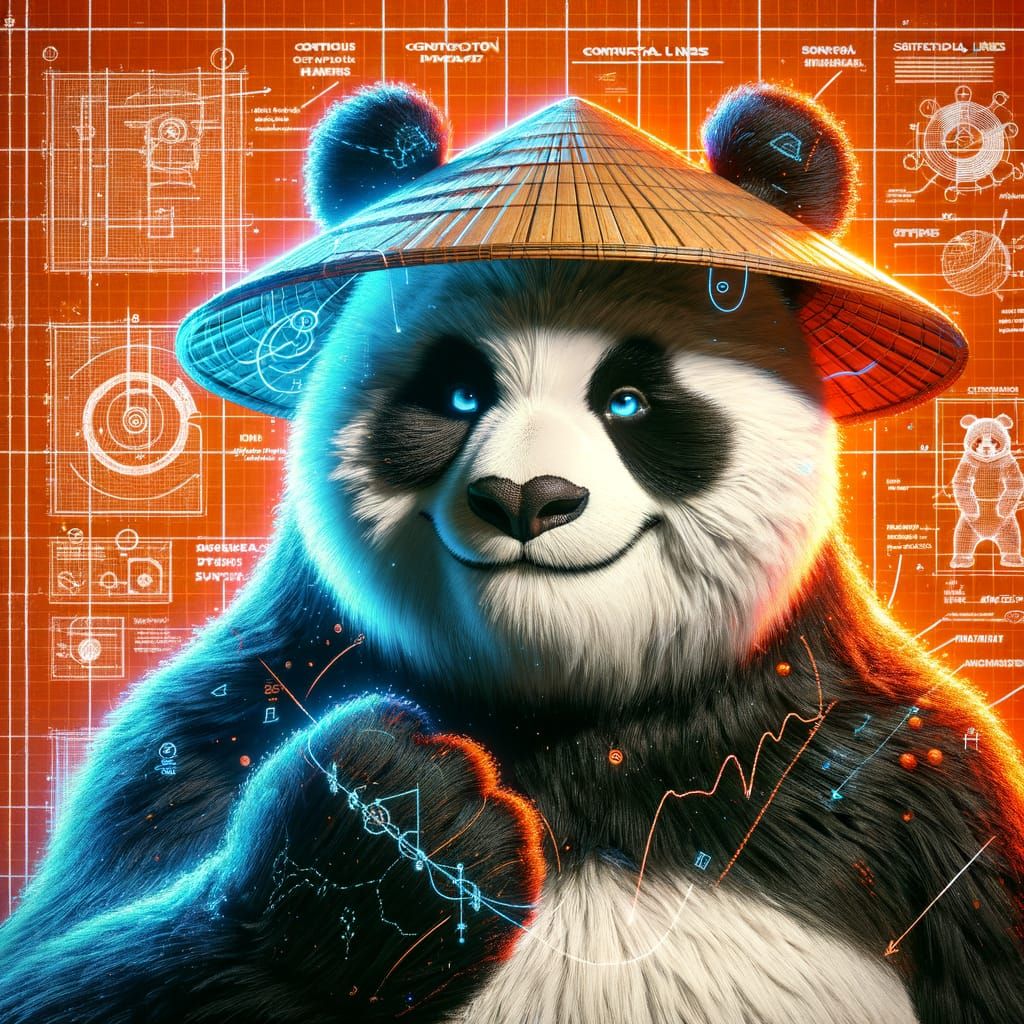 Realistic Panda Portrait in Technical Blueprint Style