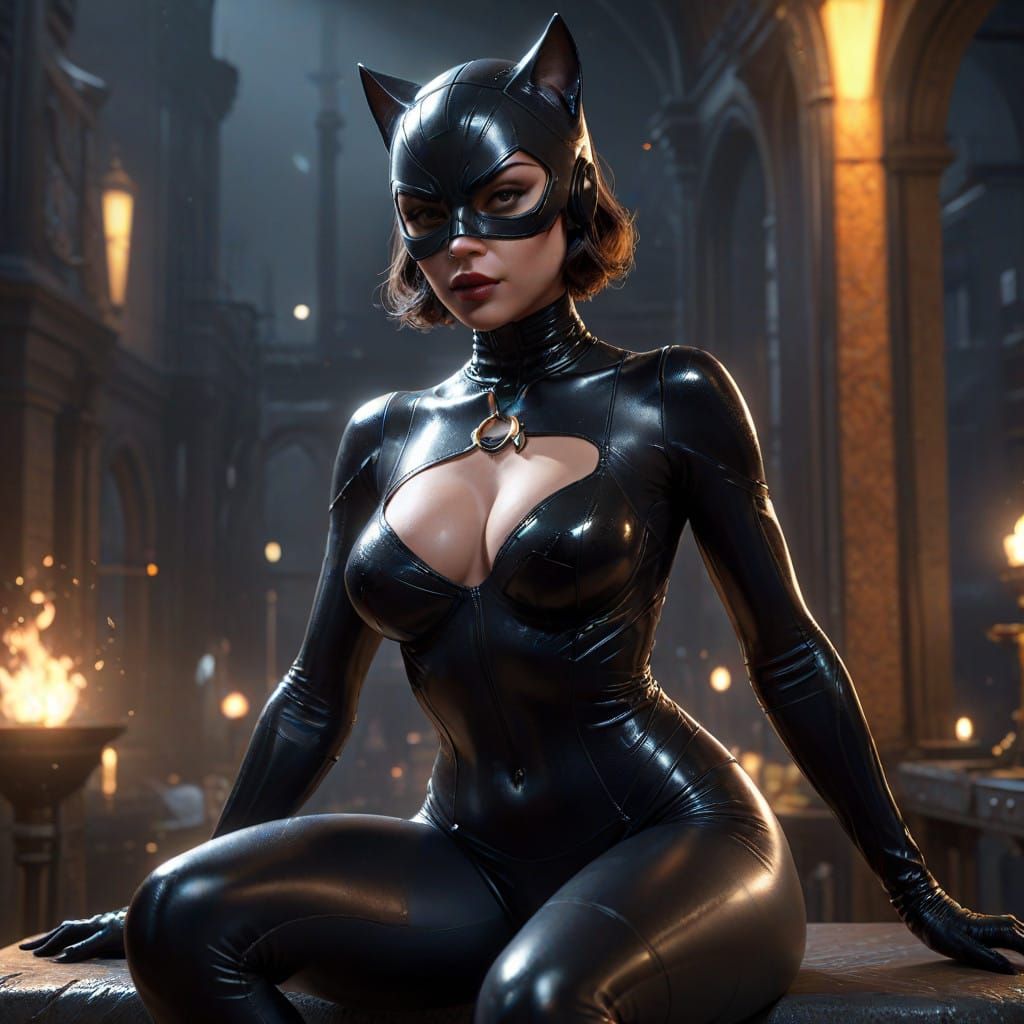 Sultry Catwoman in Shimmering Black Lingerie