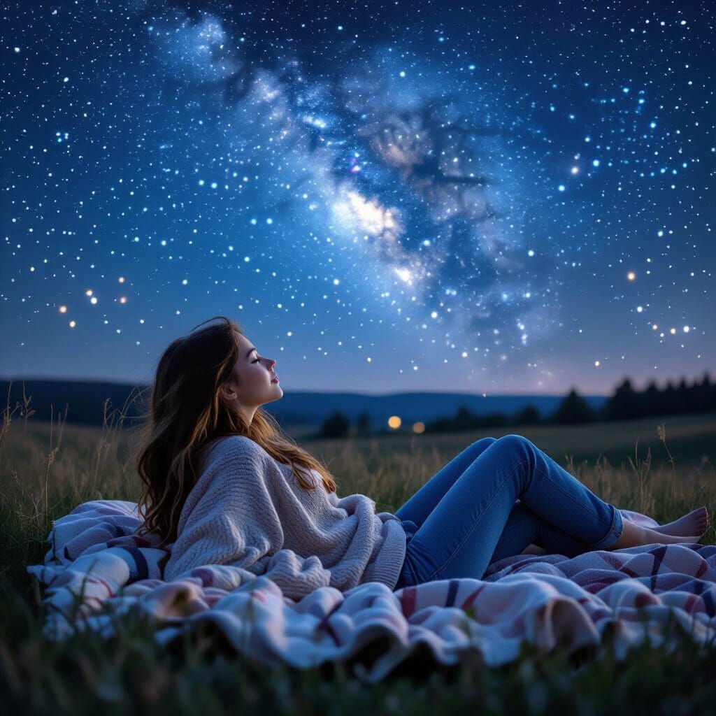 Girl Gazing at Twinkling Stars in Photorealistic Style