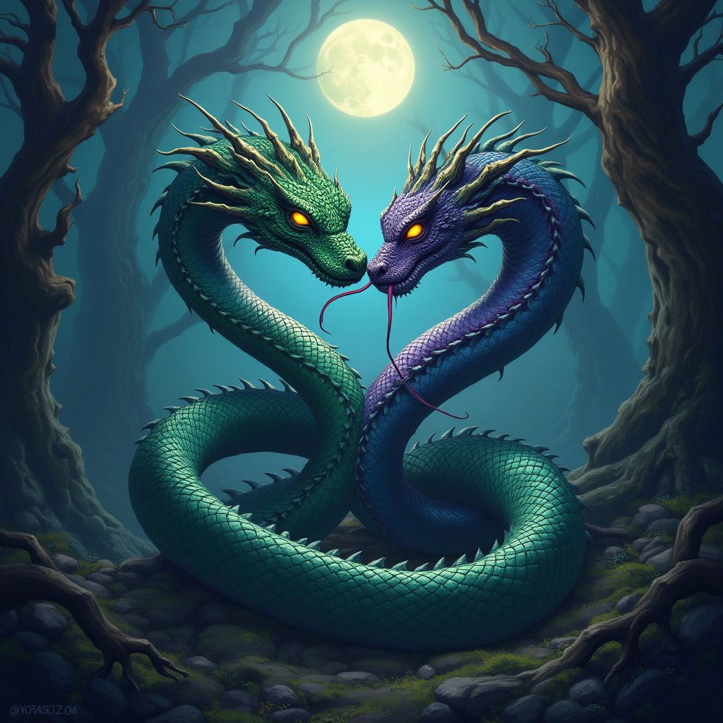 Entwined Serpents in Ethereal Moonlit Forest