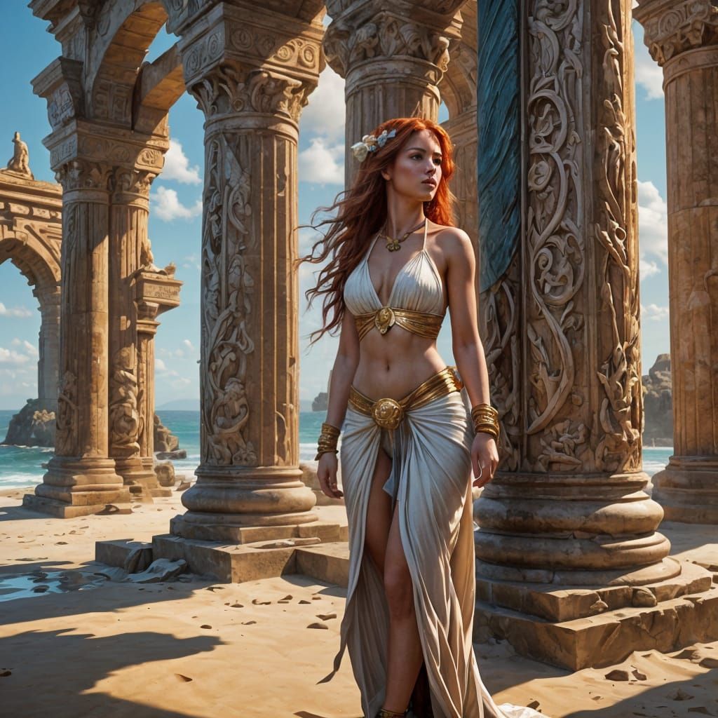Redhead on Beach with Ancient Pillars in 8K