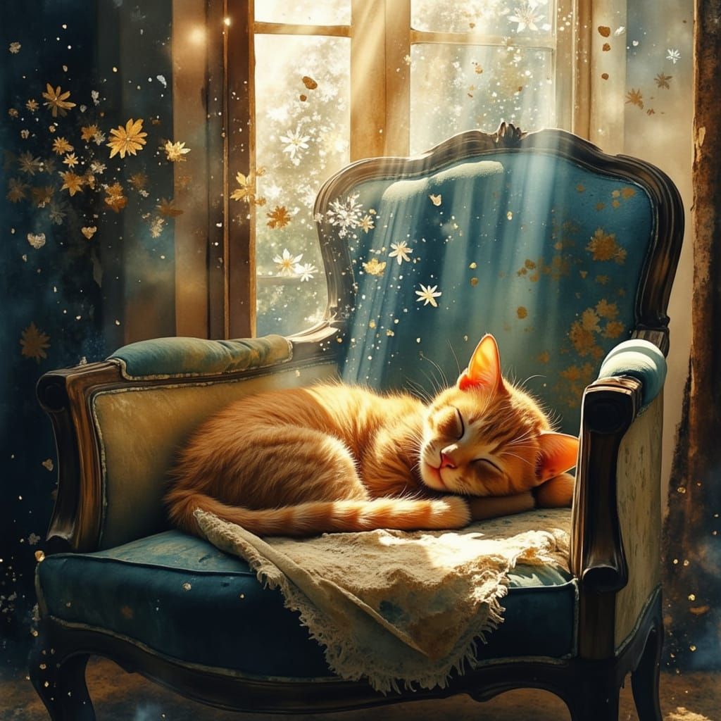 Ginger Kitten Napping in Sunlit Armchair, Dreamlike Atmosphe...