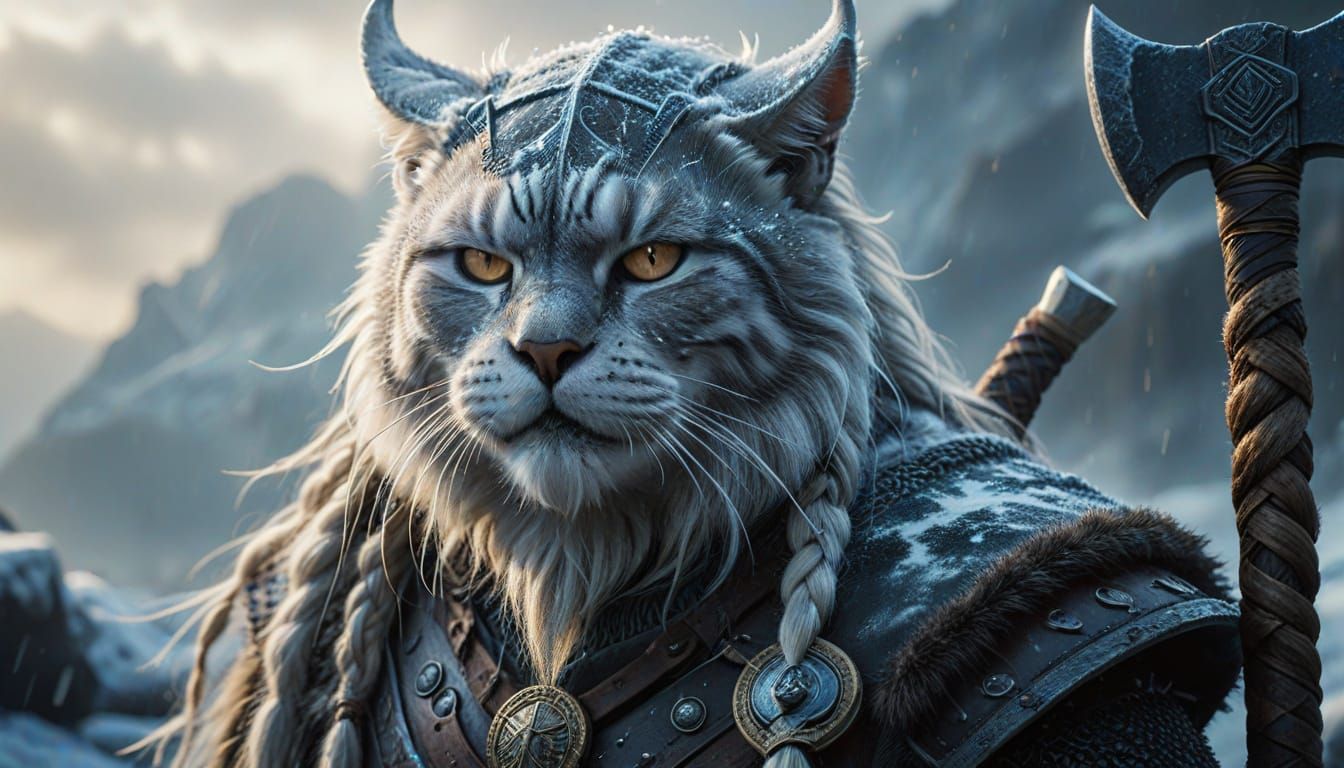 Viking Cat Warrior with Golden Braids and Frosty Axe