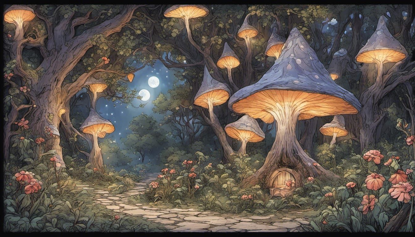 Enchanted Night Scene with Fairies and Gnomes