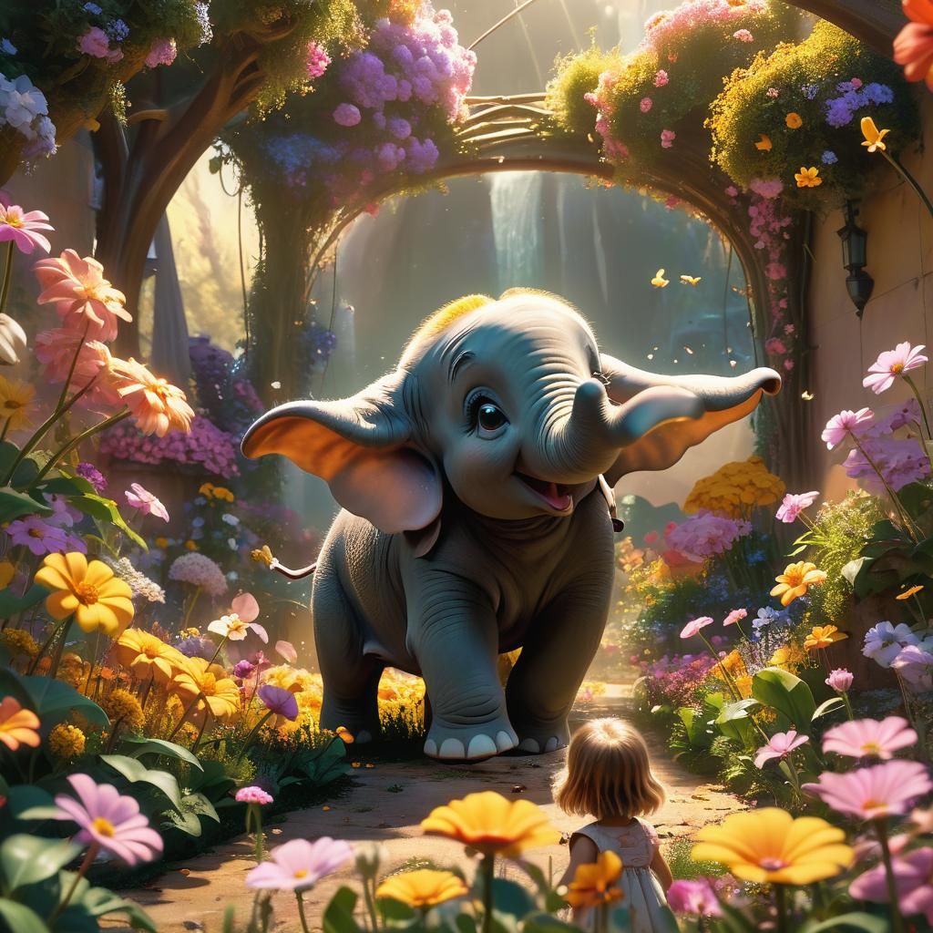 Mini Flying Elephant and Girl in Flower Garden