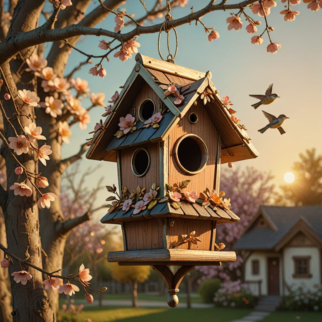 Classic Birdhouse on Budding Branch in Digital Art