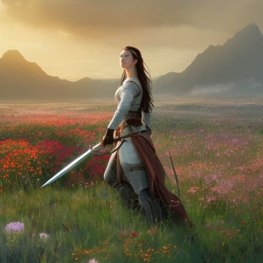 Female Swordmaster in Floral Field, Fantasy Landscape