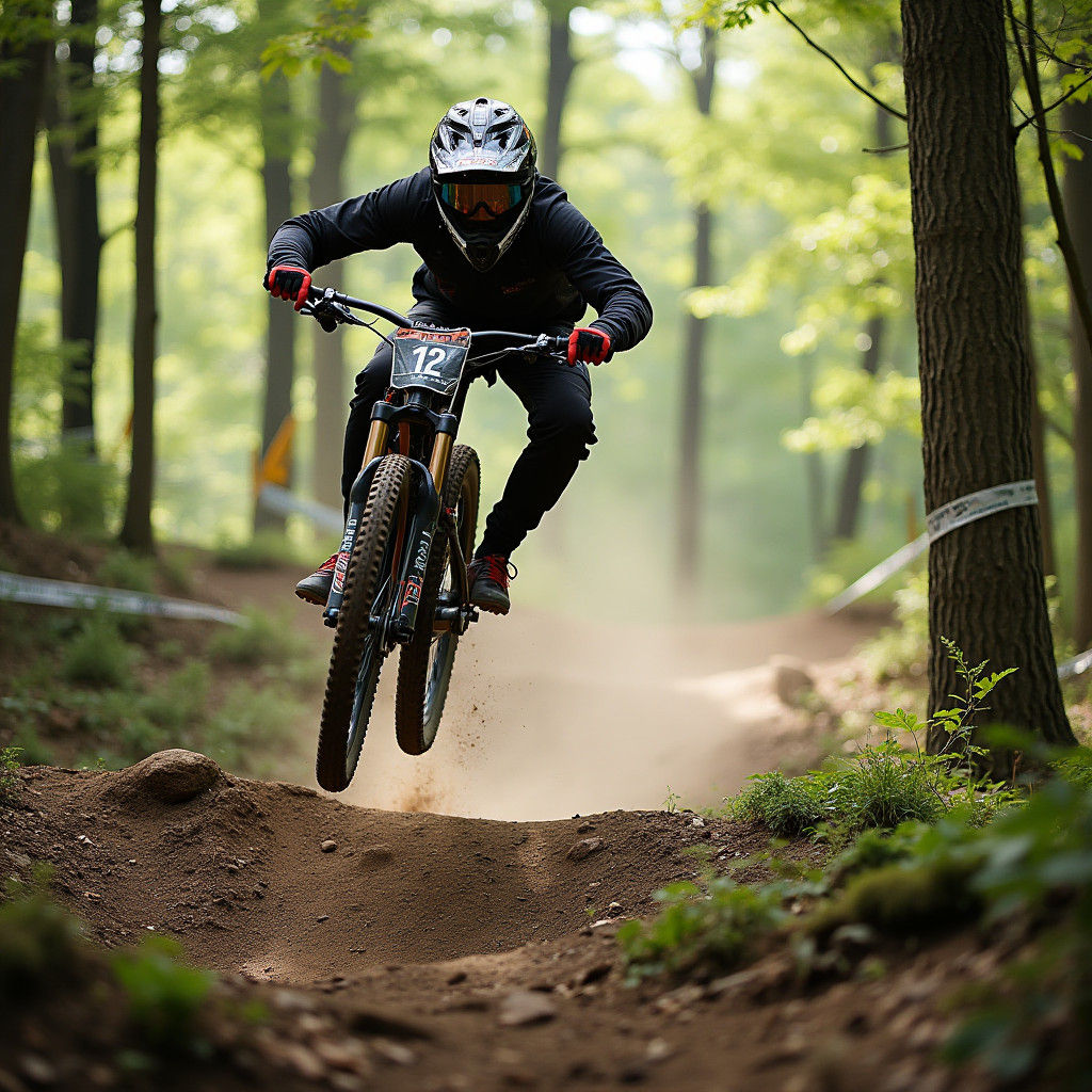 Mountain Bike Racer Hits a Jump