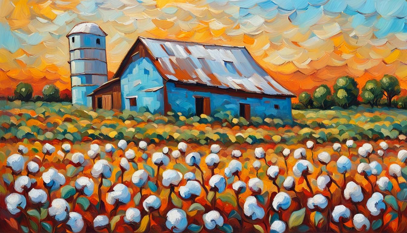 Neo-Impressionist Cotton Field in Expressionist Impasto Styl...