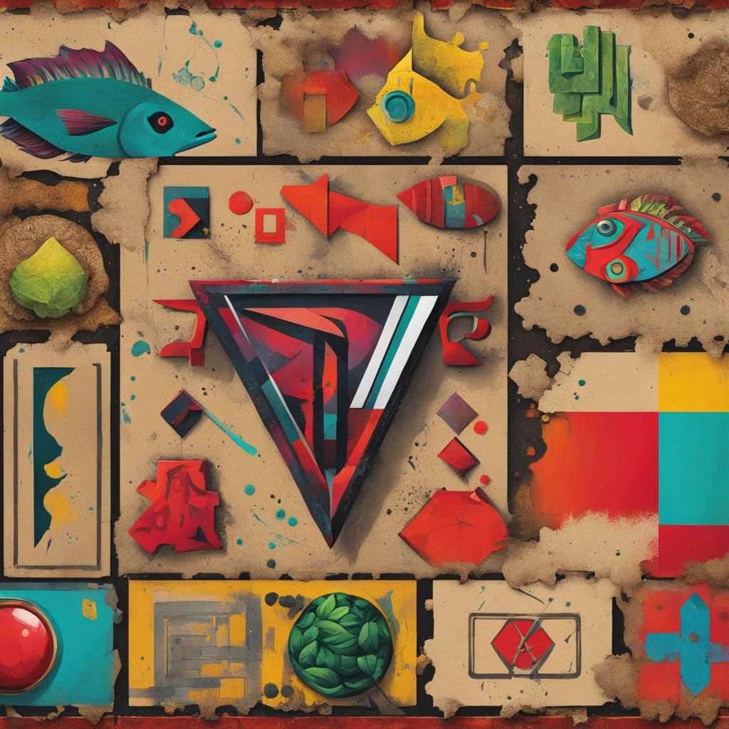 Colorful Abstract Collage with Geometric and Heraldic Elemen...