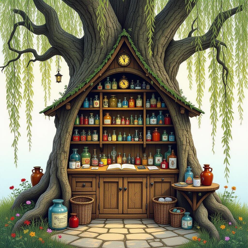 Whimsical Apothecary Shop in Willow Tree Roots