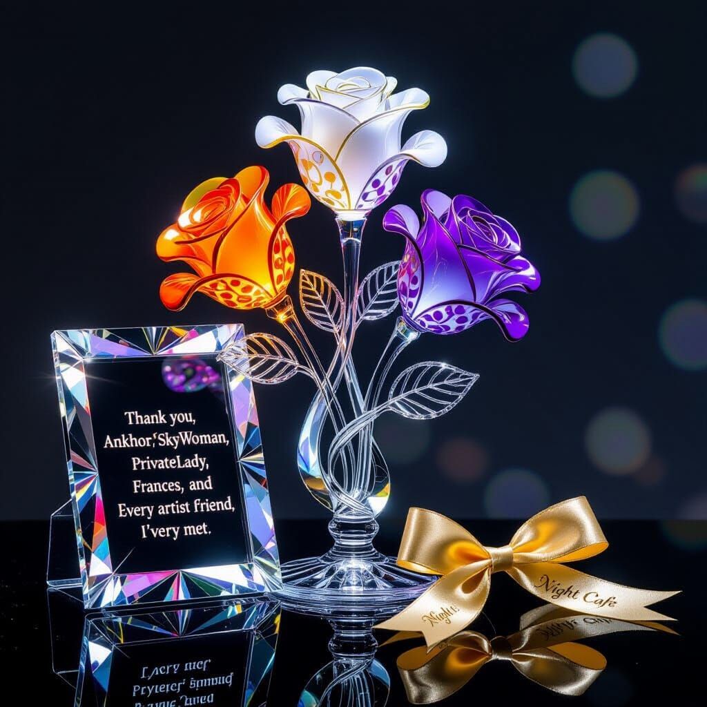 Glass Rose Sculpture with Crystal Leaf and Gold Ribbon