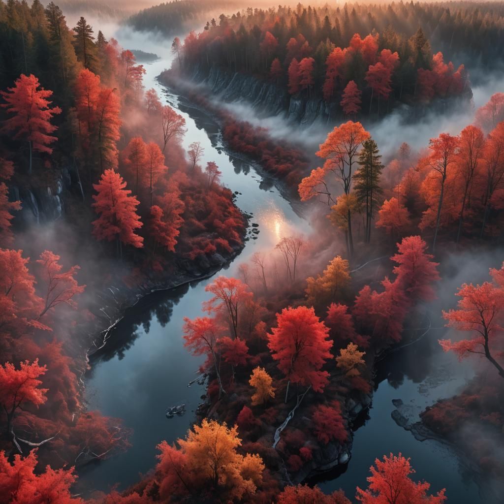Fantasy River Runs Through Foggy Forest at Sunrise