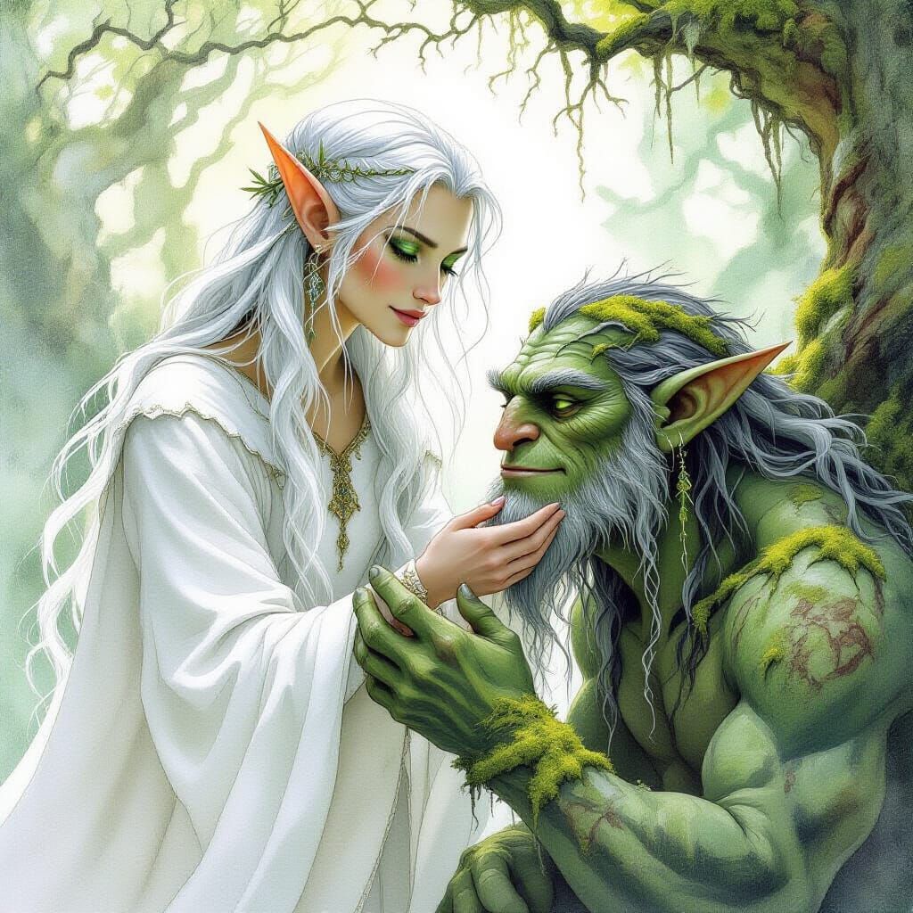 Elegant Elf Befriends Gentle Troll in Whimsical Forest
