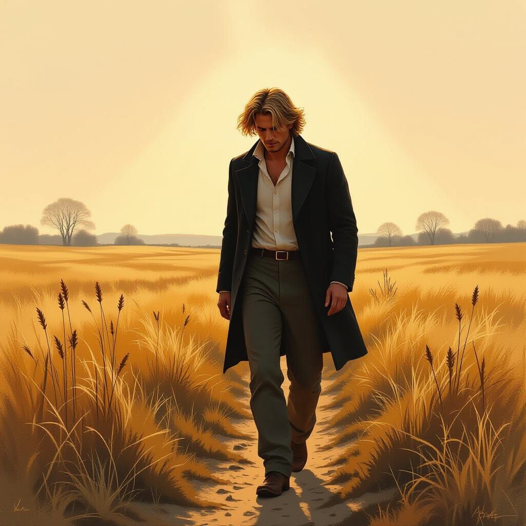 Sad Man Wanders Desolate Countryside in Golden Hour Light