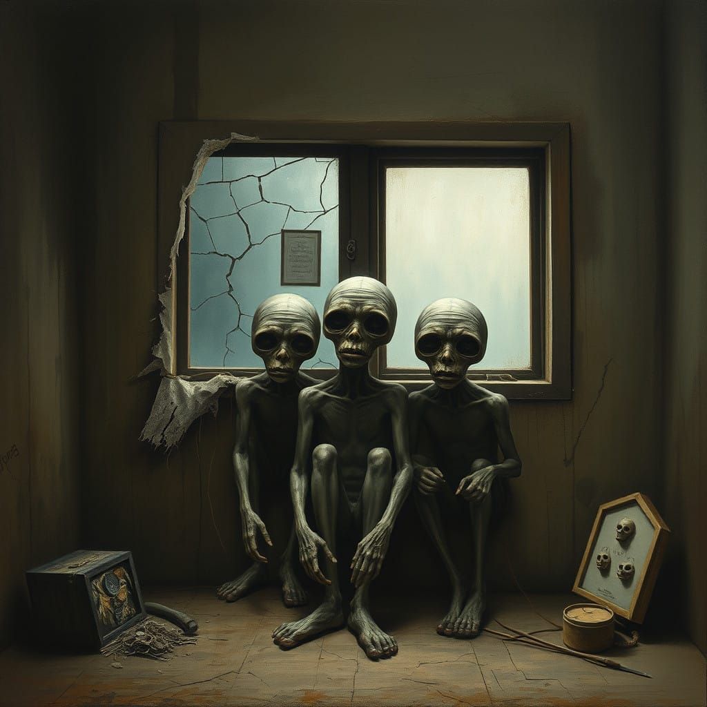 Grotesque, Elongated Figures in a Surrealist Landscape