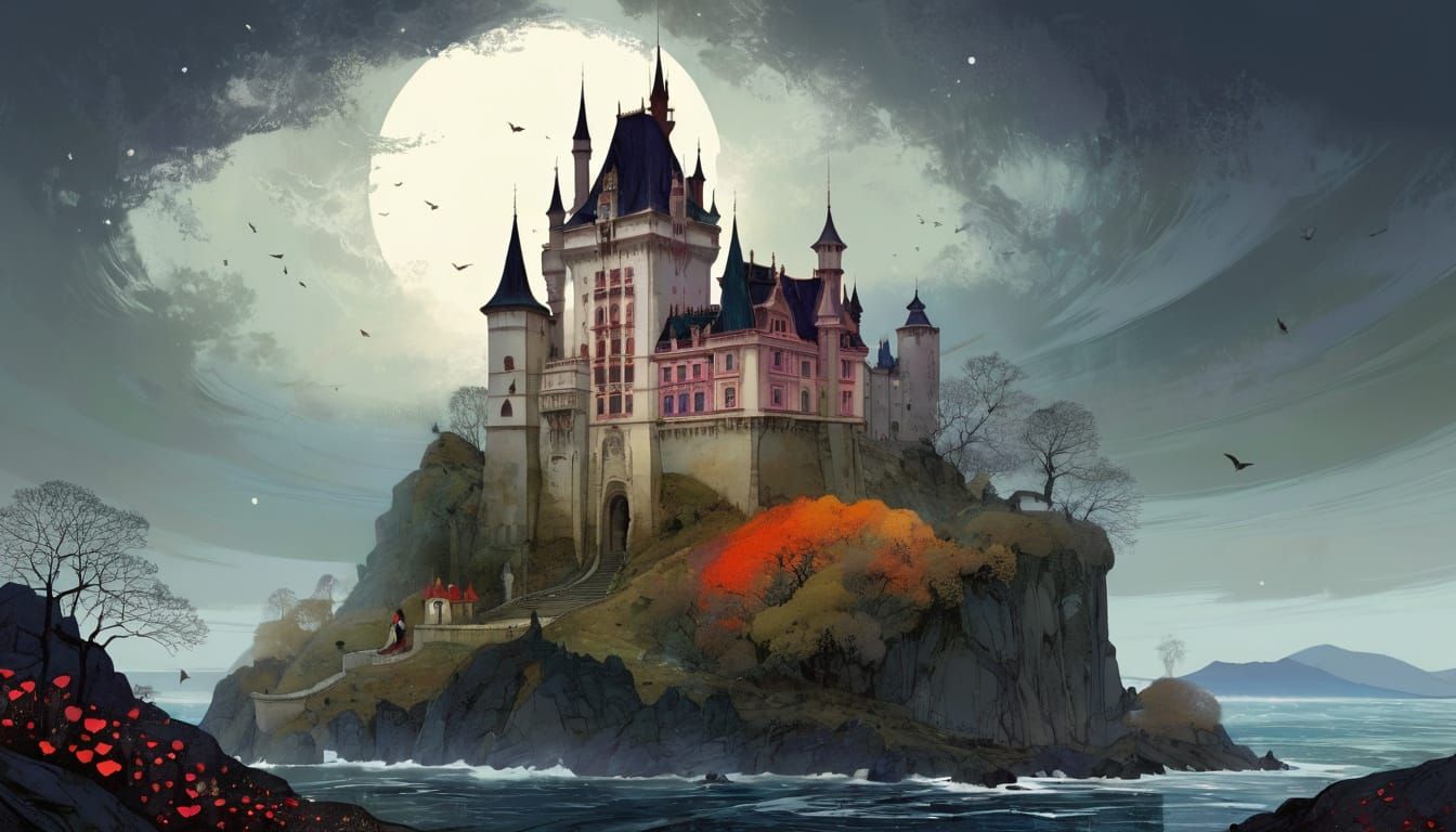 Vampire Castle in Storm: Art Nouveau Fantasy