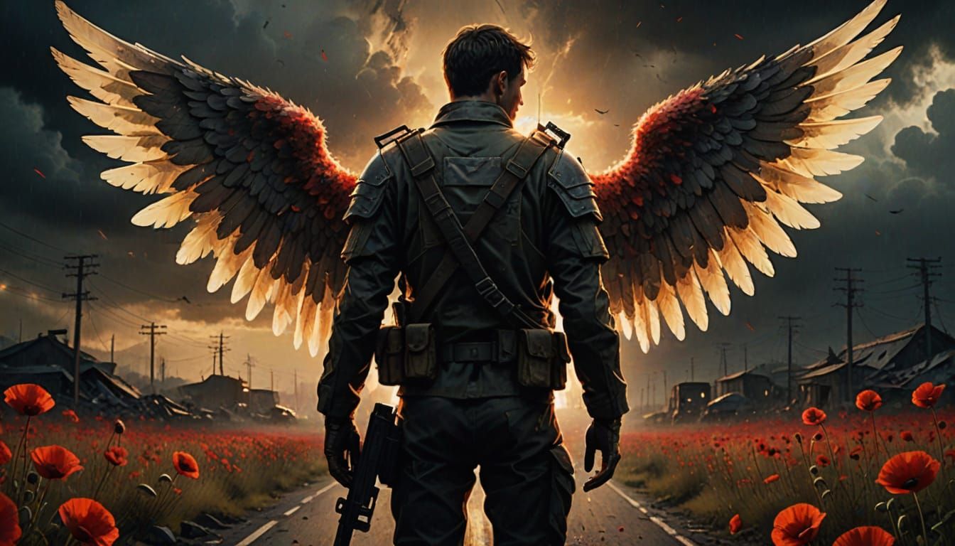 Blood-Stained Angel Holding Wounded Soldier