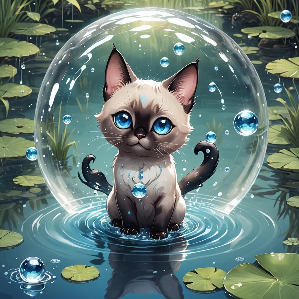 Whimsical Siamese Cat Controls Magical Pond in Chibi Anime S...