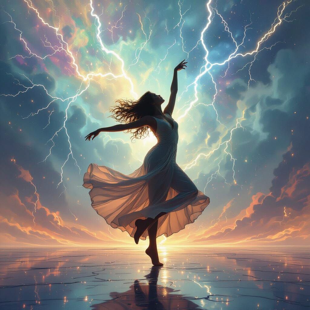 Surreal Dancer in Opal Sky Lightning Storm
