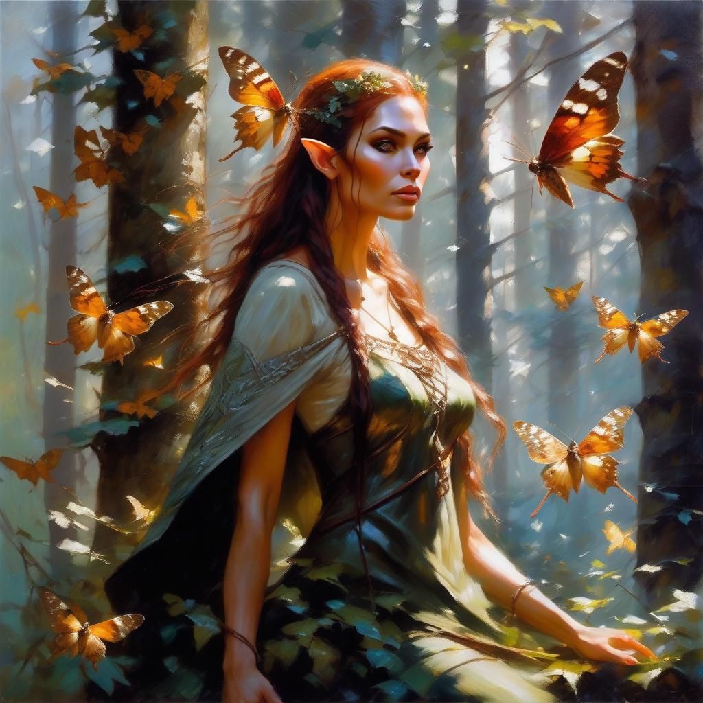 Fantasy Forest Elf Woman with Moths
