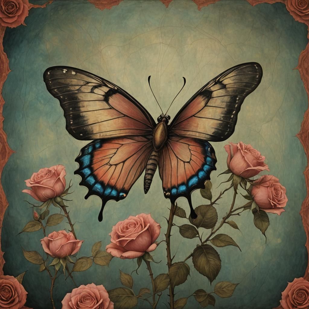Butterfly on Rose, Surrealist Art Style