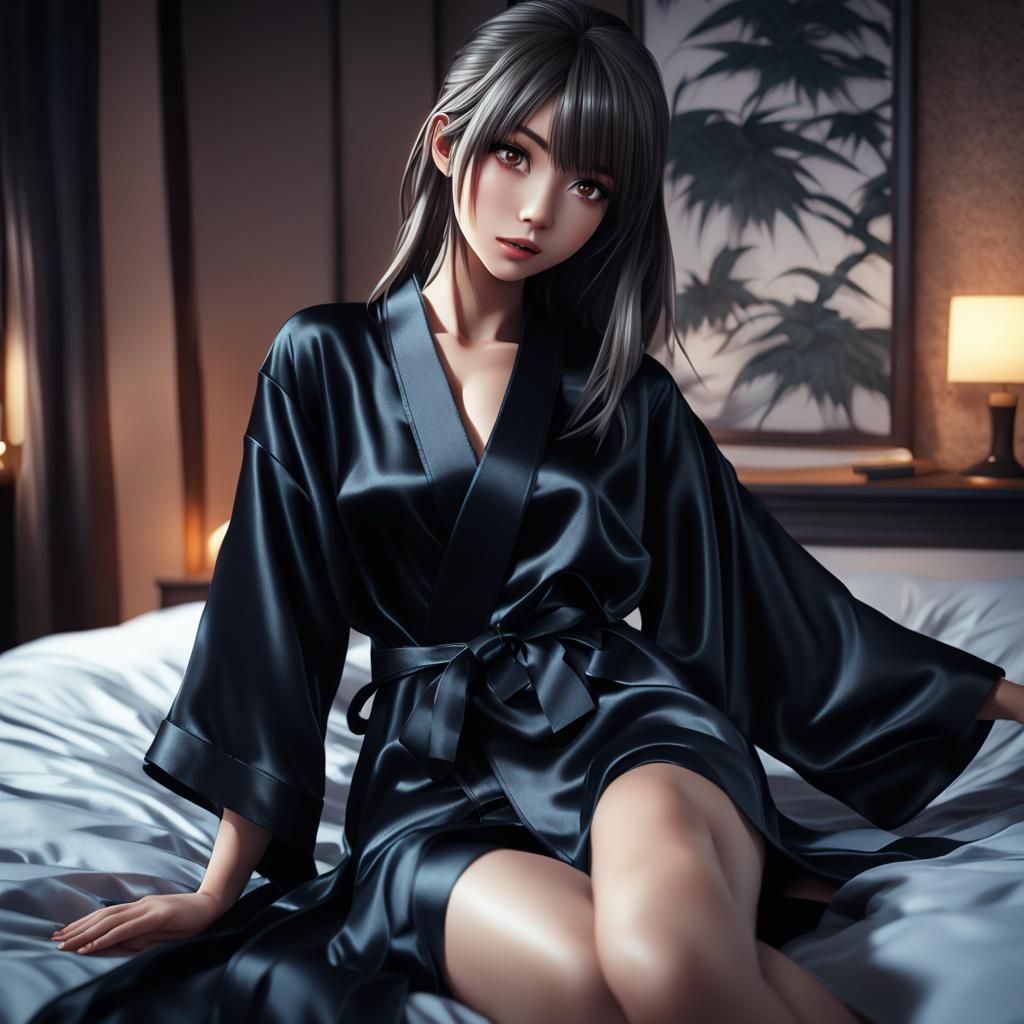 Anime Woman Undressing in Bed: Photorealistic Style