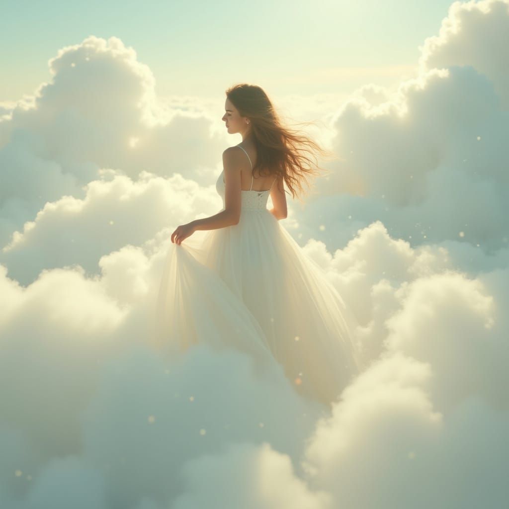 Girl in White Dress Amidst Ethereal Clouds