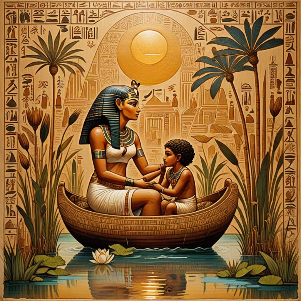 Ancient Egyptian Temple Painting of Baby Moses' Discovery