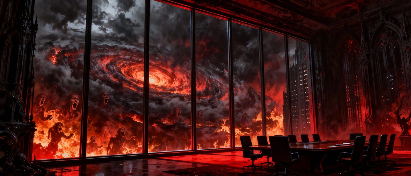 Gothic Skyscraper Office Overlooking Fiery Hell Vortex