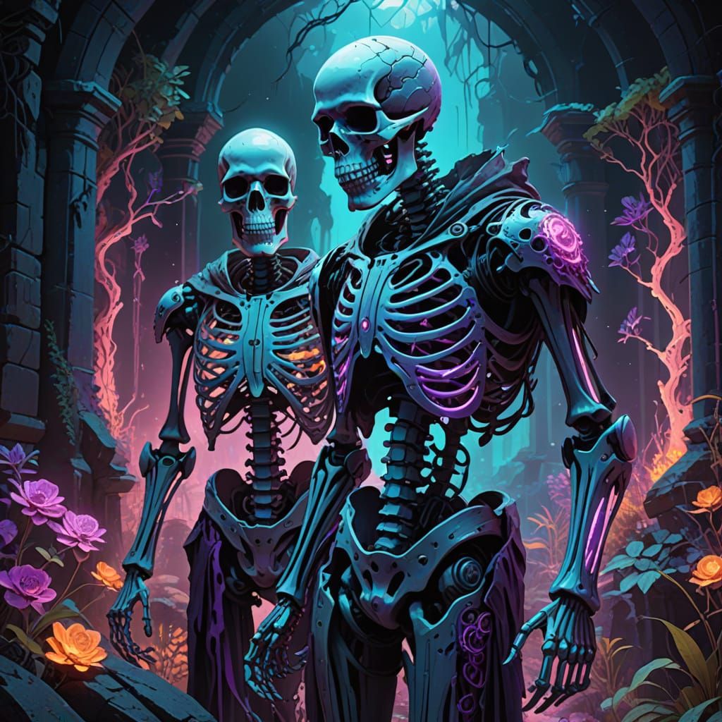 Cybernetic Skeletons in Bioluminescent Ruins