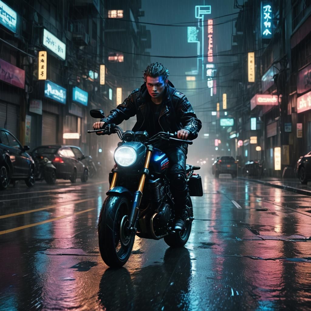 Cyberpunk Rebel Rides Through Rainy City