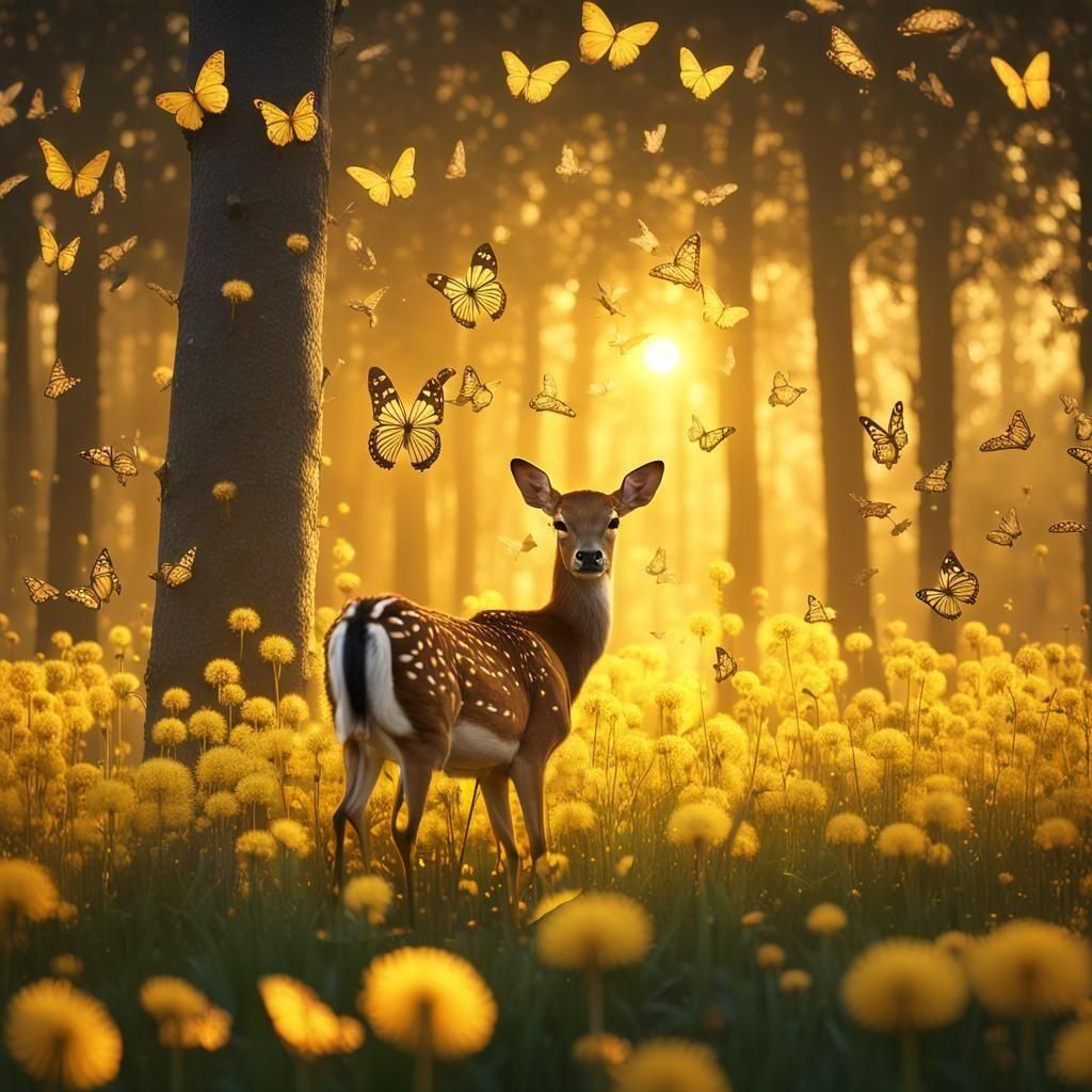 Fawn in Dandelion Field with Yellow Butterflies