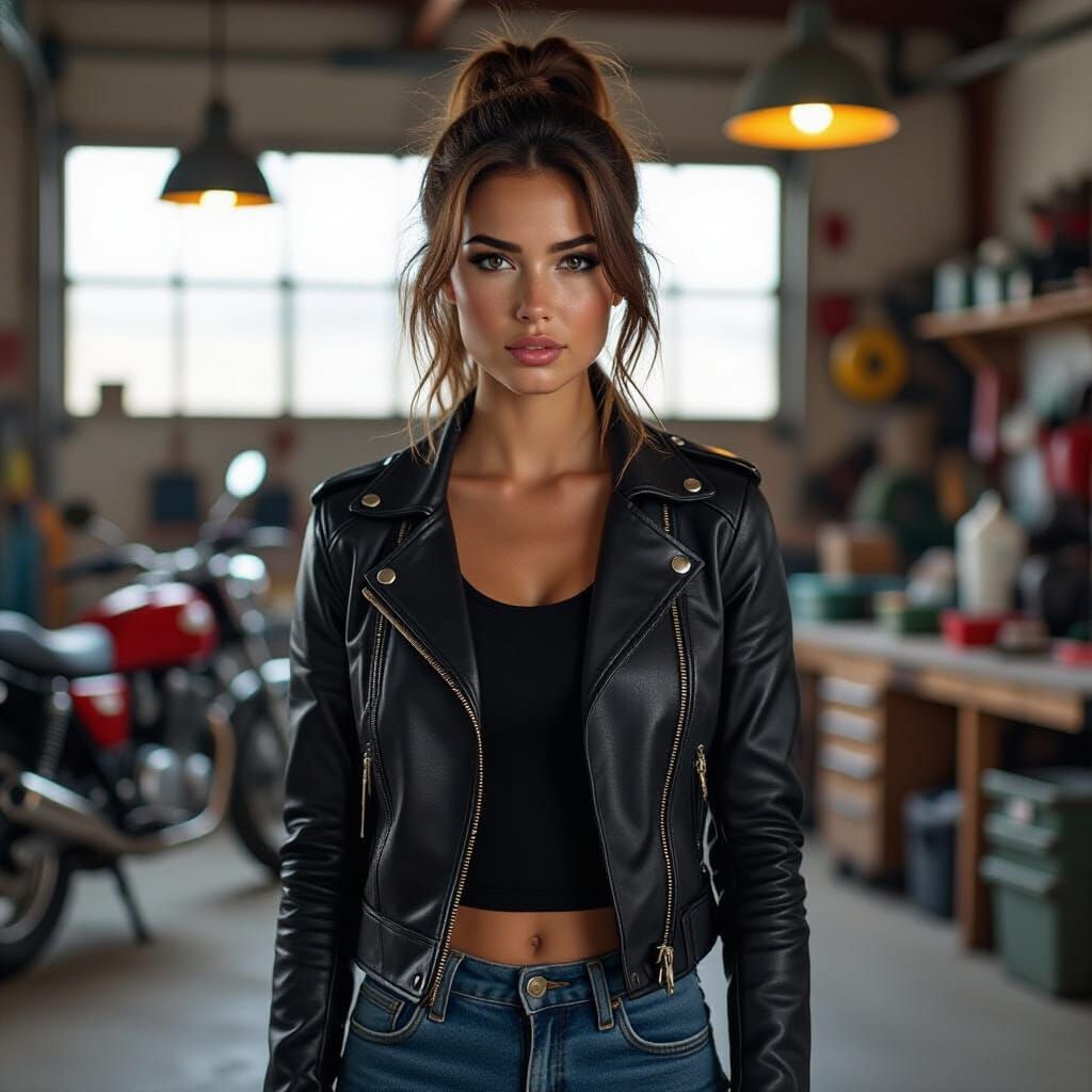 Confident Woman in Workshop: Dystopian Futurism