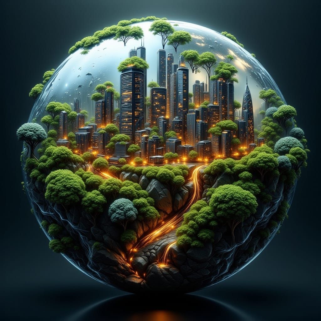 Futuristic City in Glass Globe with Dramatic Lighting