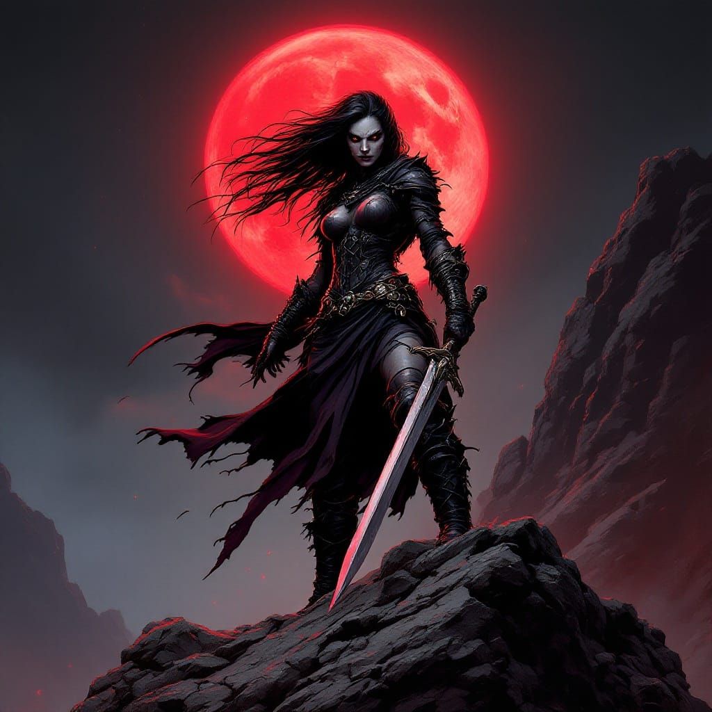 Savage Female Tiefling Illuminated by Blood Red Moon