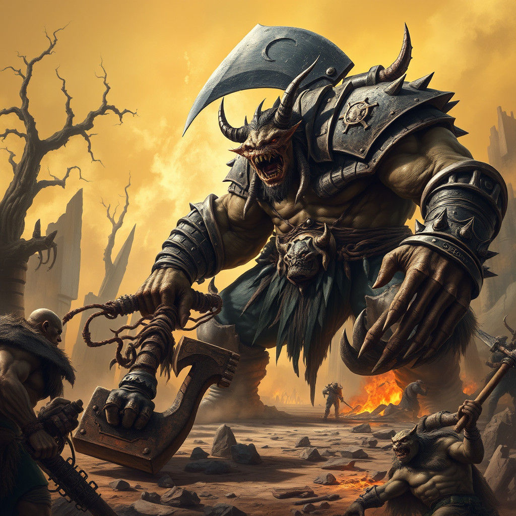 Epic Battle: Demon Ogre vs. Orc in Wasteland