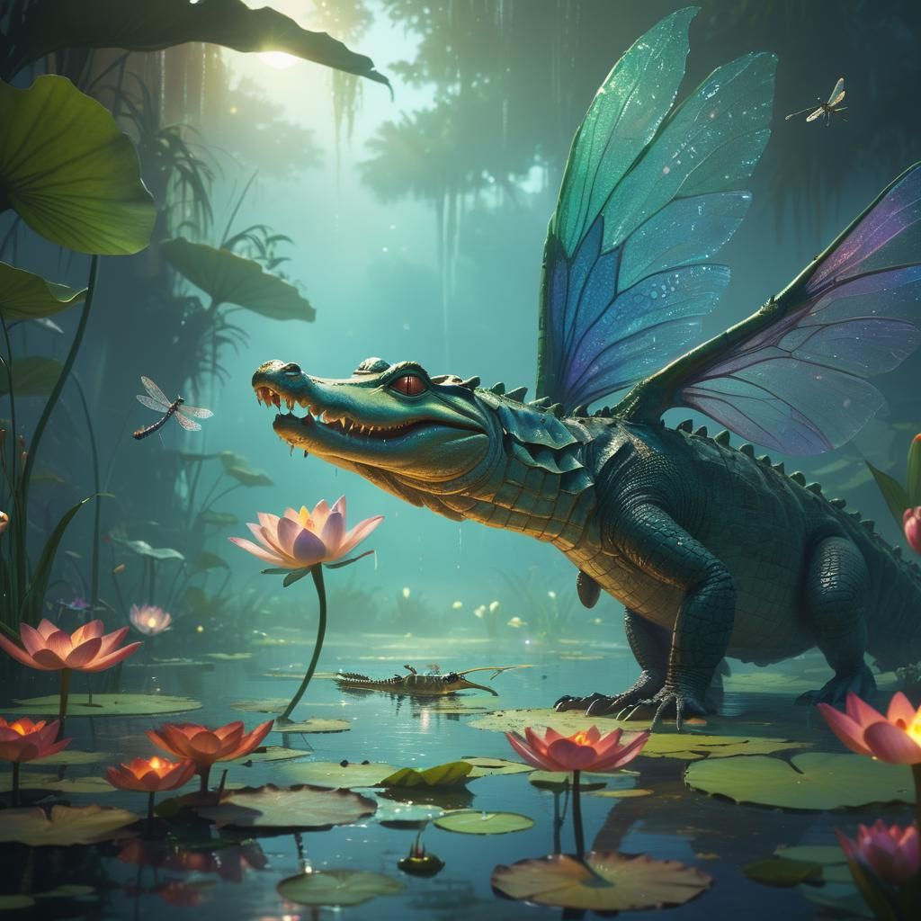 Bioluminescent Swamp Alligator with Dragonfly Wings
