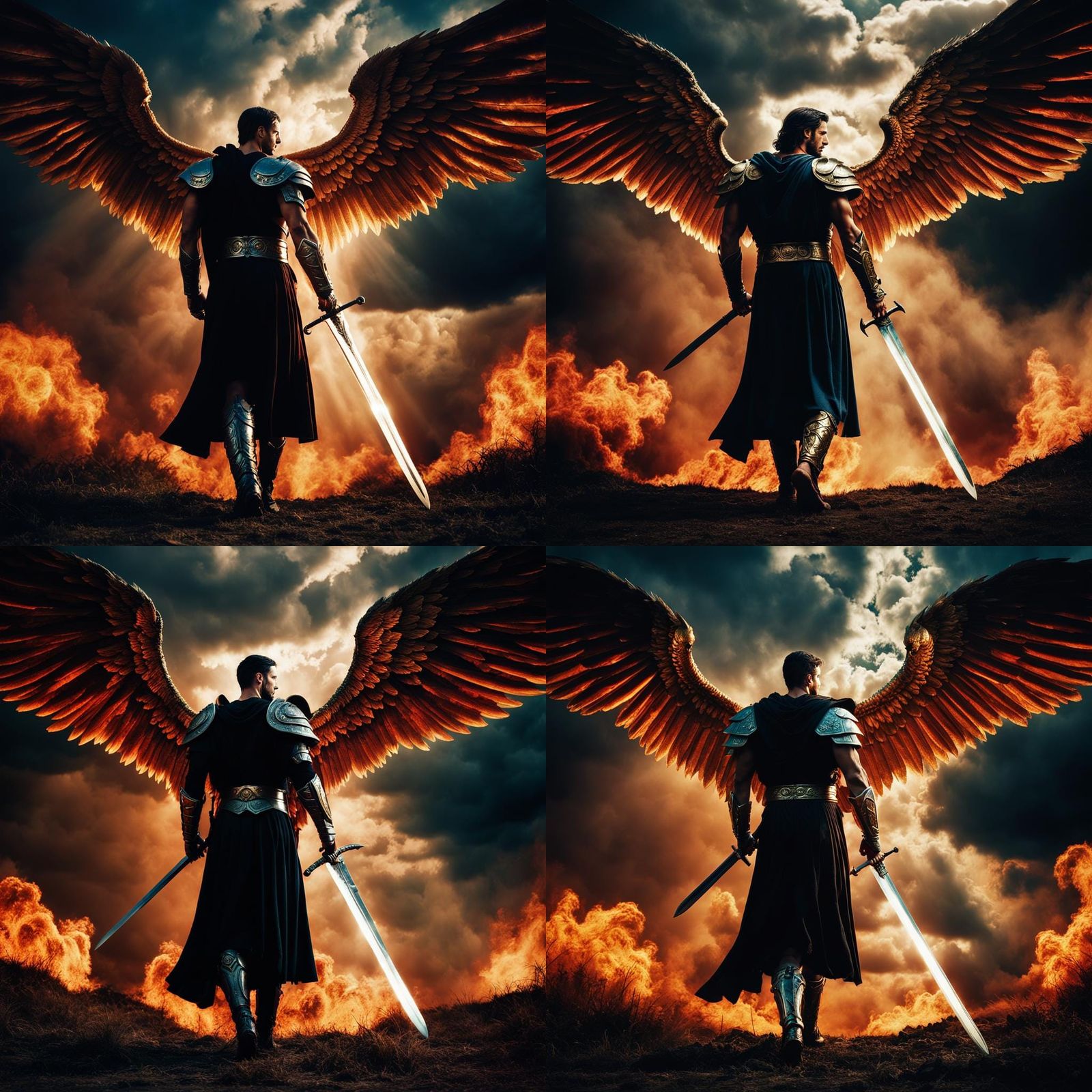 Archangel Michael in a Fiery Landscape: Cinematic Still