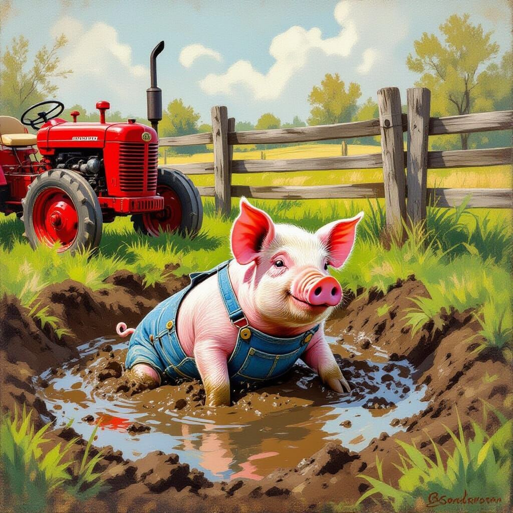 Playful Pig in Mud Pit, Beatrix Potter Style