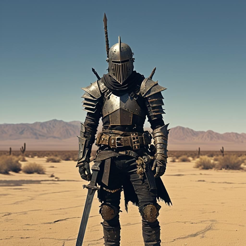 Sandpunk Knight with Guitar in Desert Wasteland