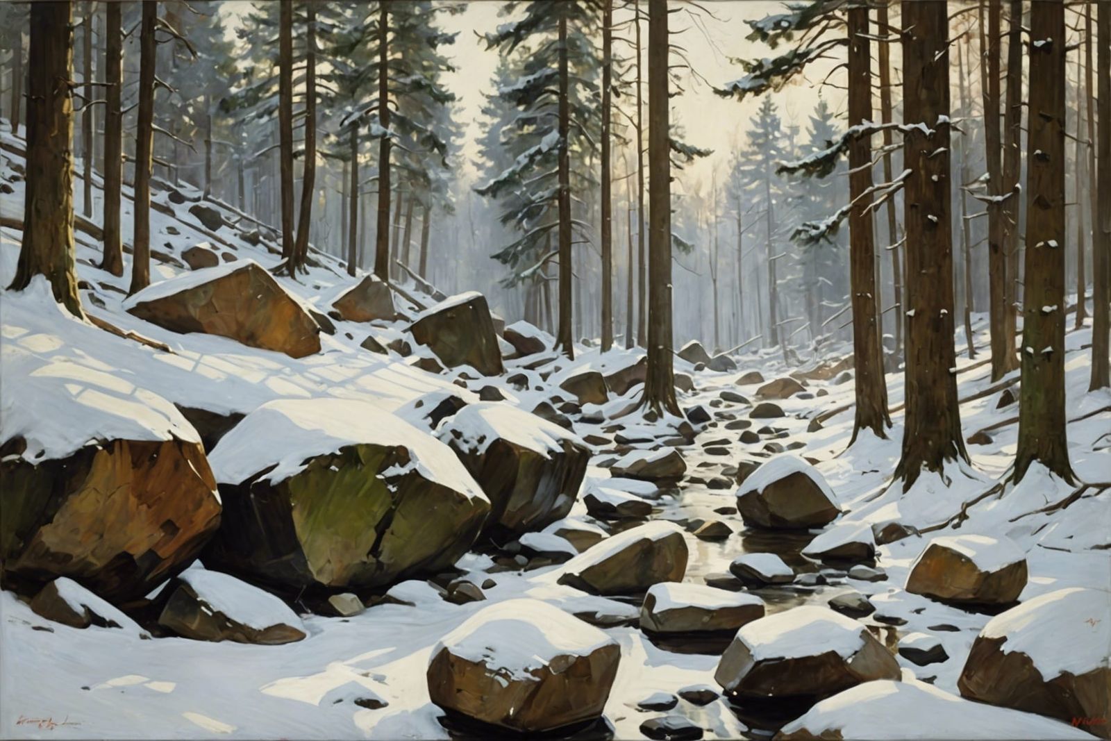 Rocks in Snowy Forest, Classical Painting Style