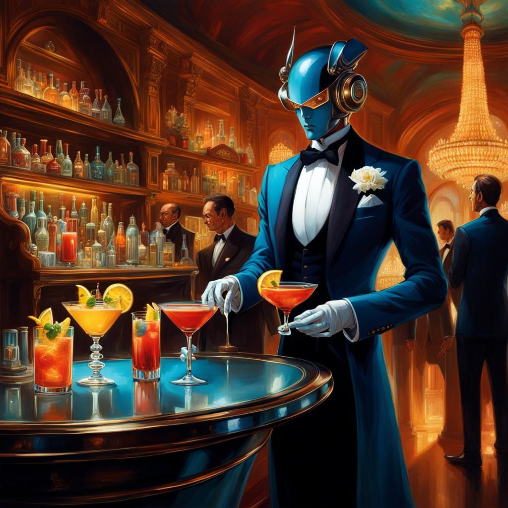 Robot Butler Serves Cocktails: Digital Fantasy Illustration