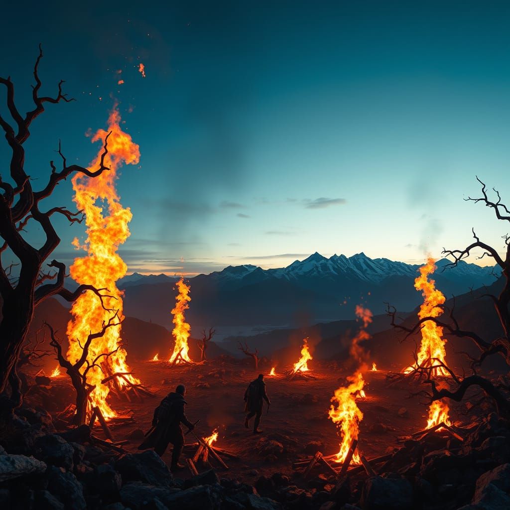Majestic Fire Camp at Dusk, with Snow-Capped Mountains