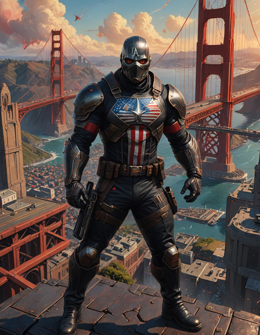 Imposing Superhero U.S. Agent Stands on Golden Gate Bridge